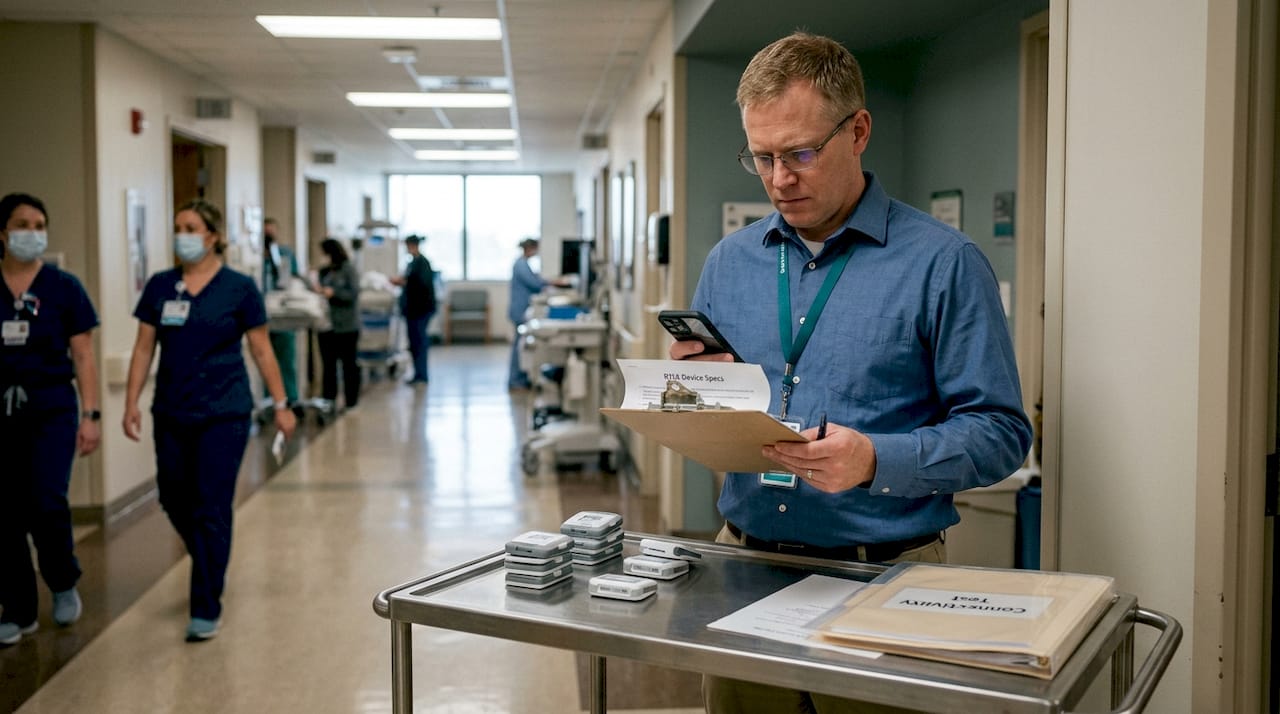 Administrator reviews RTLS devices in corridor