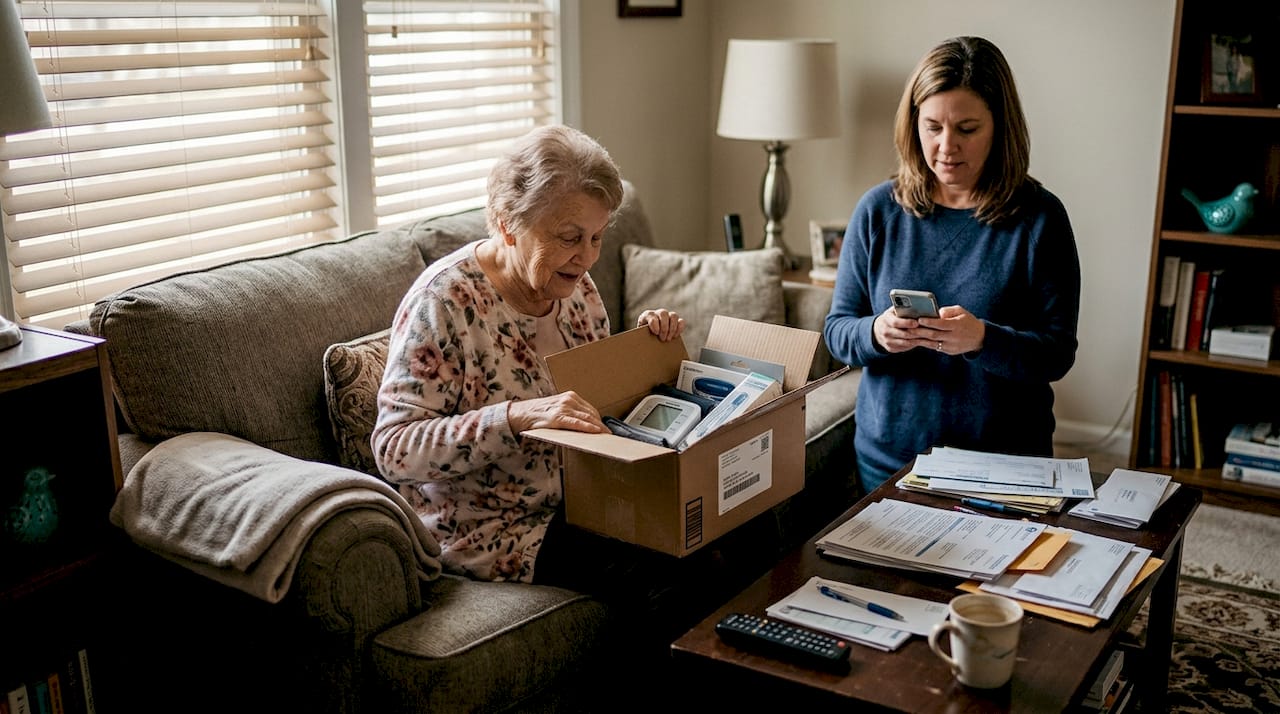 Patient and caregiver reviewing medical equipment delivery