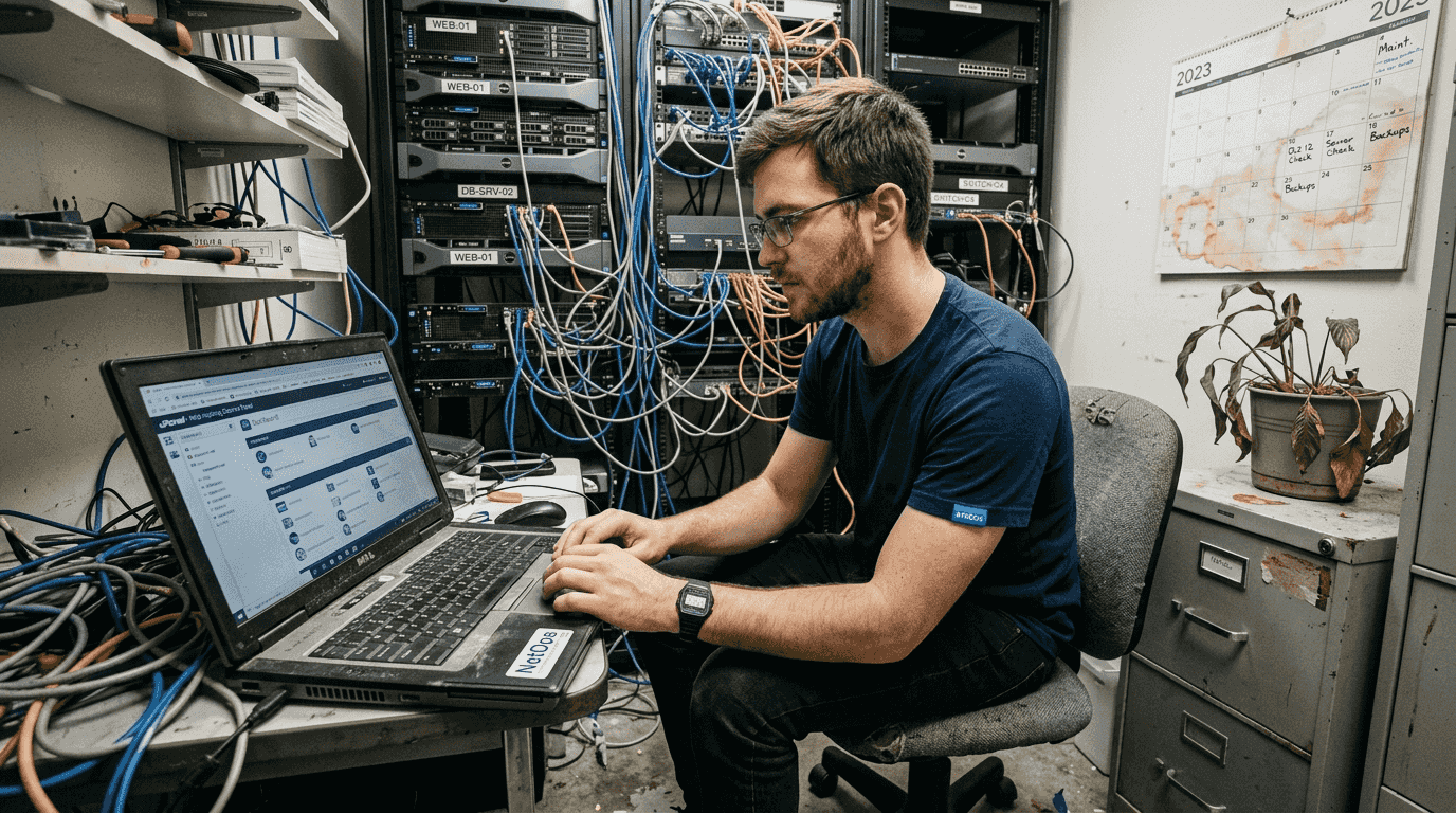 IT specialist using shared hosting dashboard in server room