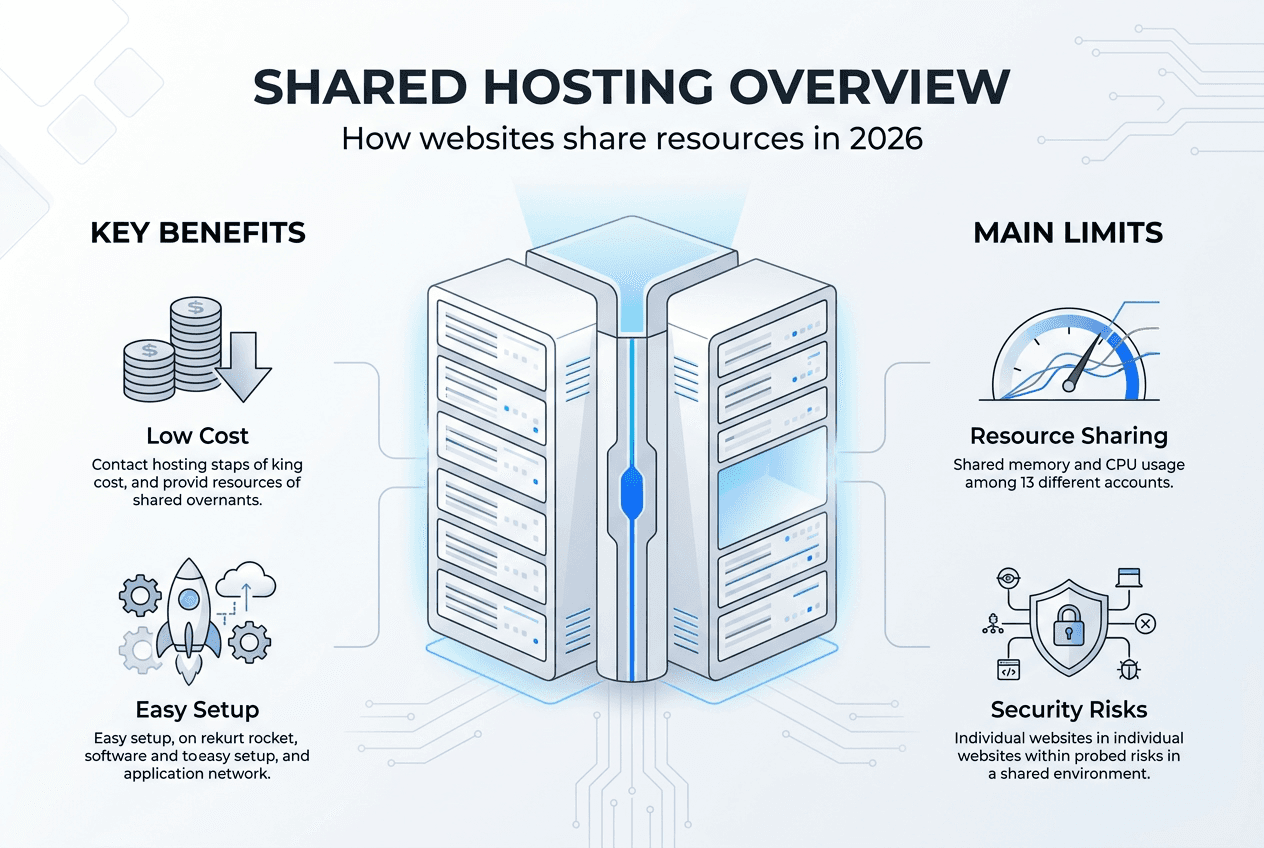 Infographic summarizing shared hosting pros and cons