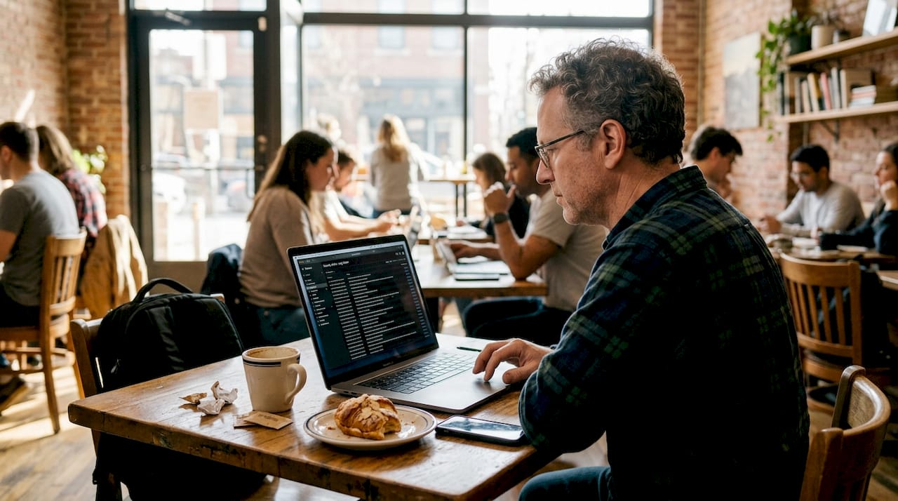 Consultant reviews web security logs in café