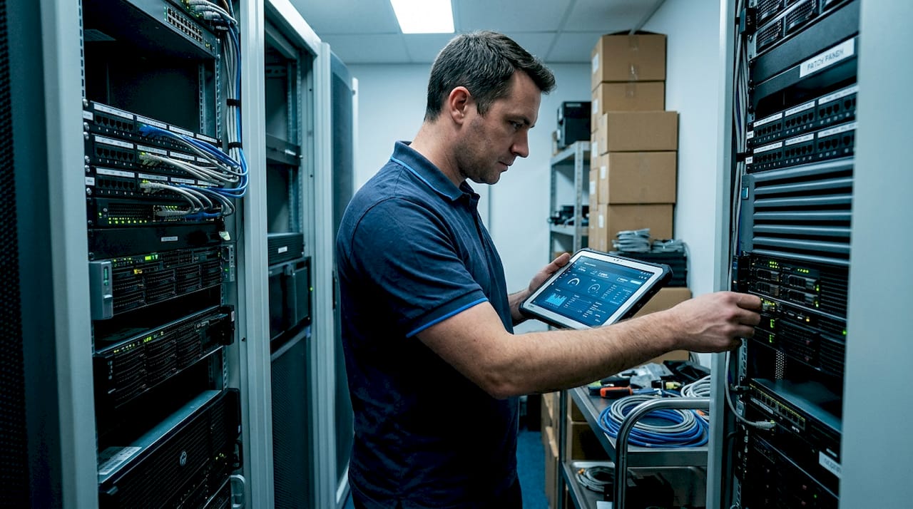 Technician monitoring managed hosting server hardware