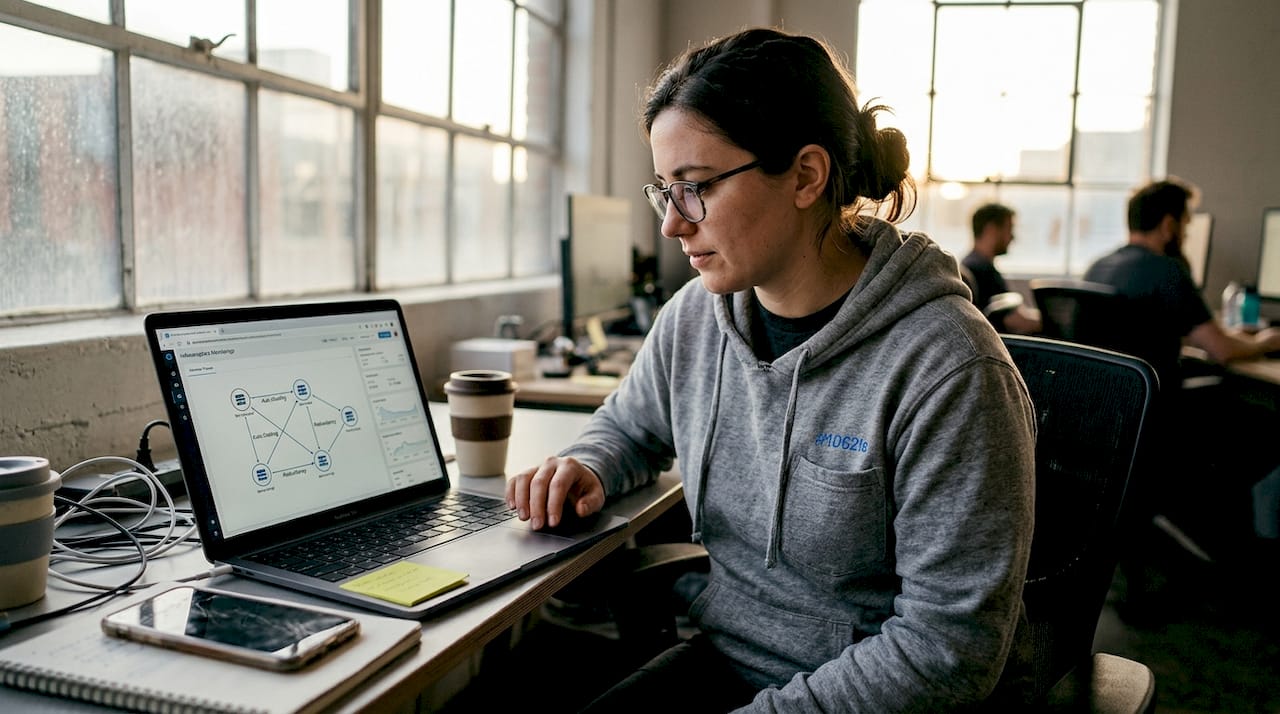Technician monitors auto-scaling cloud dashboard