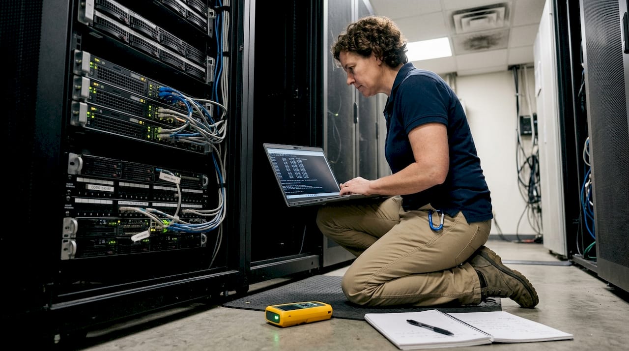 Engineer tests website speed in server room