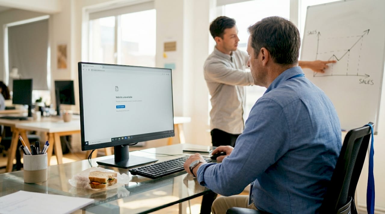 Office manager reacting to website downtime alert