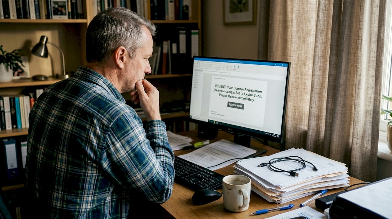 Concerned man reading domain expiration notice