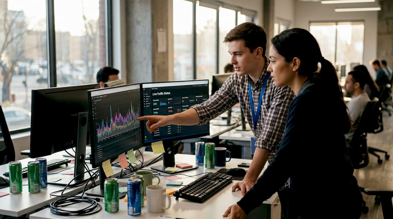 IT team monitors scaling in open office