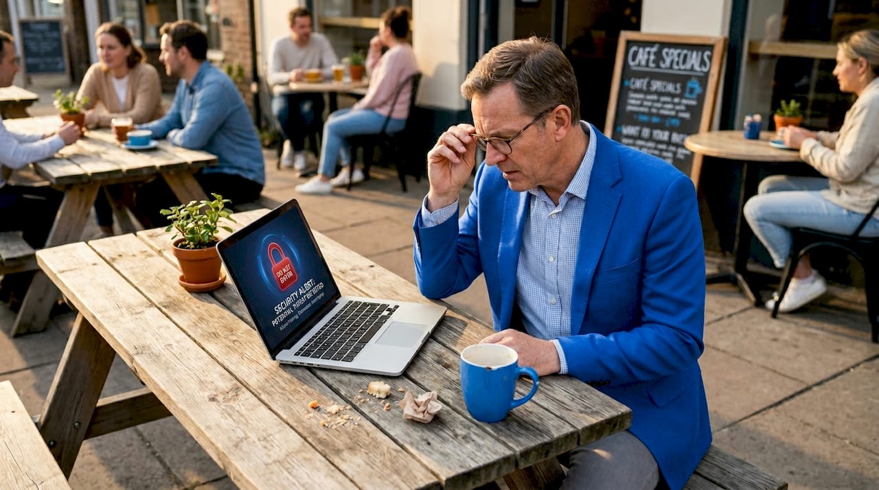 Man views browser security warning at café table
