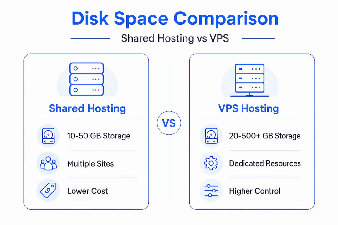 Infographic comparing shared hosting and VPS disk space