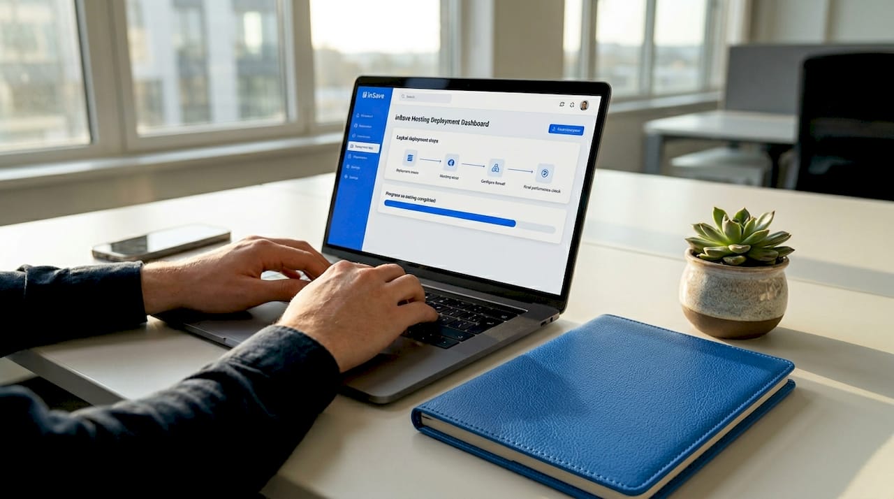 Hands typing deployment steps on laptop