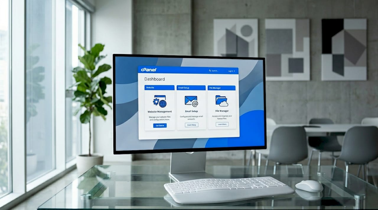 cPanel dashboard on computer screen at workspace
