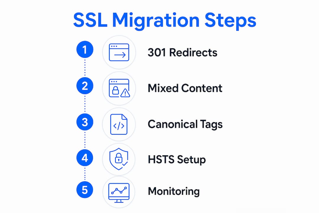 Infographic illustrating key SSL migration steps for SEO