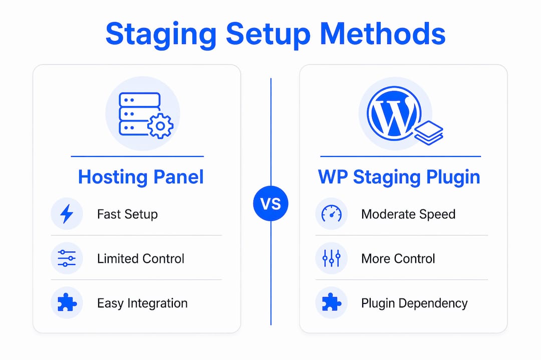 Infographic comparing hosting panel and WP Staging plugin methods