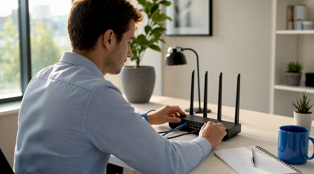 Hands connecting Ethernet cables to network router