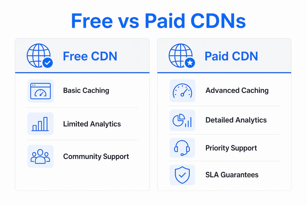 Infographic comparing free and paid CDN features