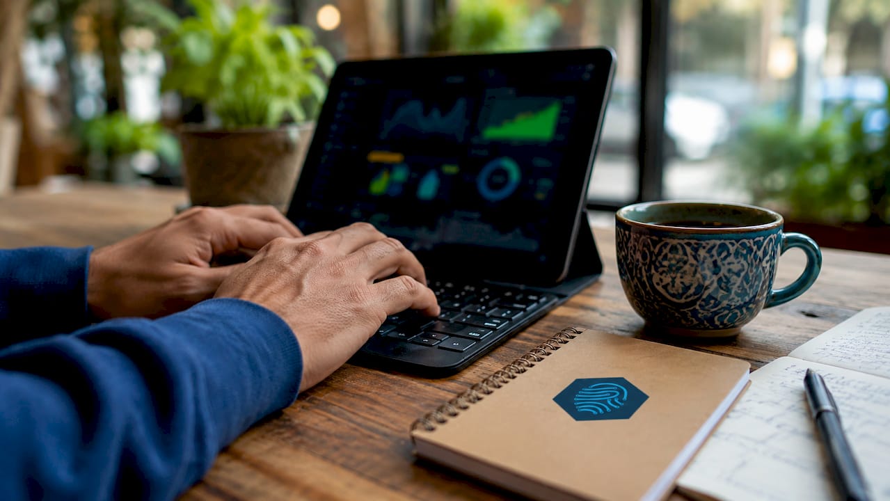 Hands typing beside laptop in minimalist office