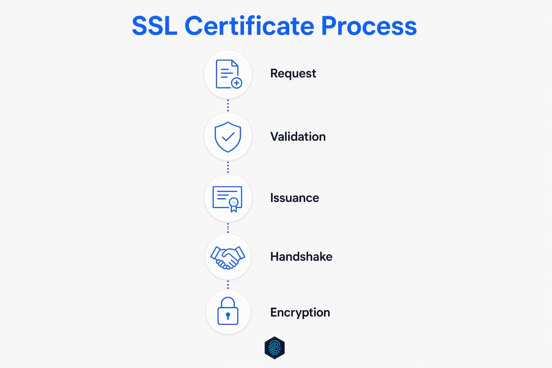 Infographic depicting SSL certificate process steps