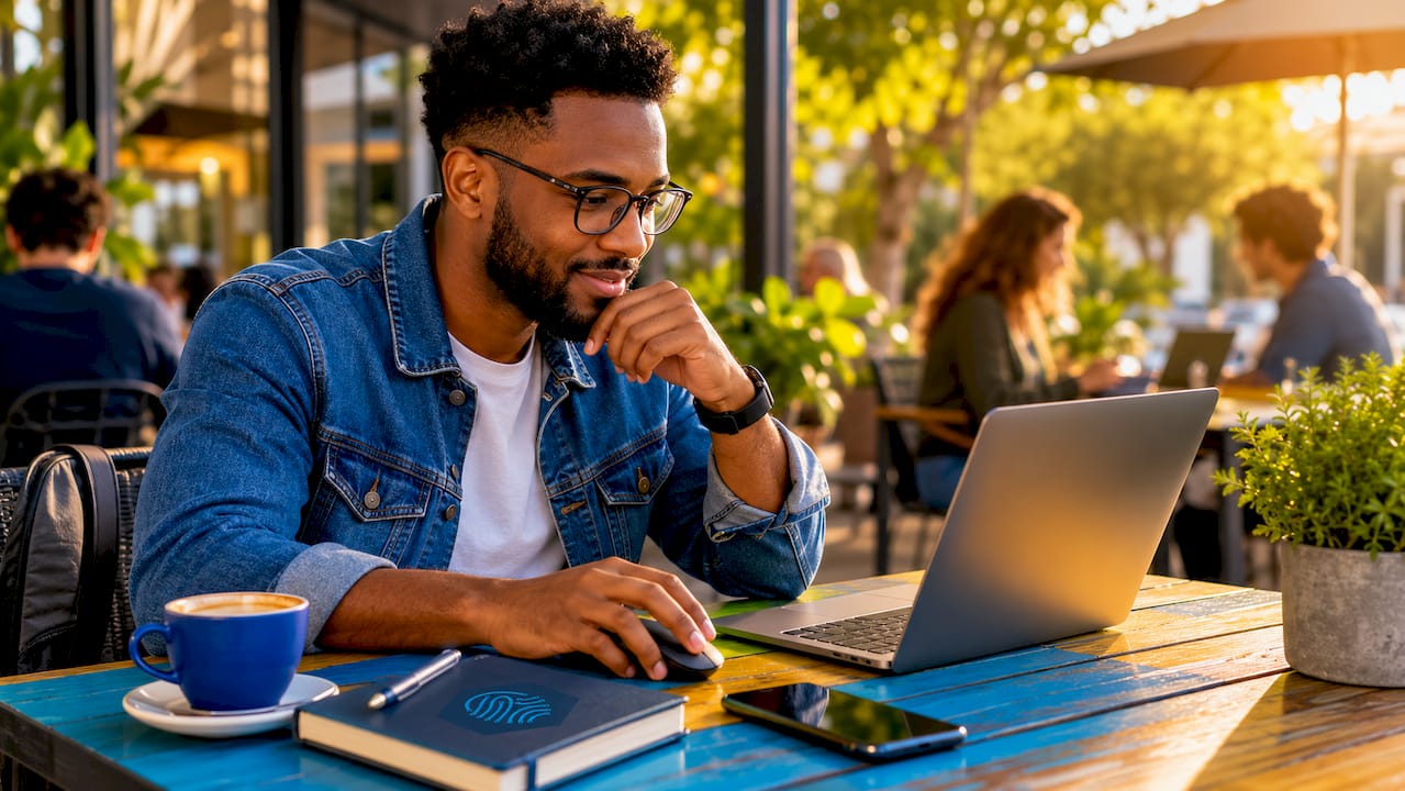 Hands registering domain and choosing hosting on laptop