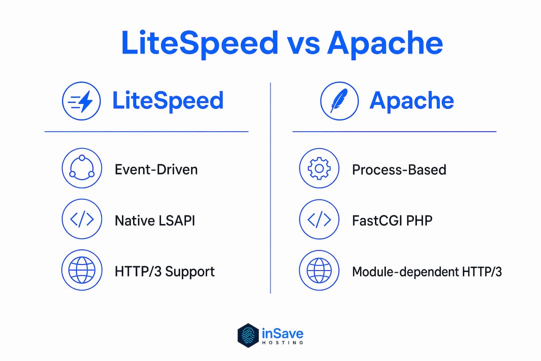 Comparison infographic of LiteSpeed and Apache web server features