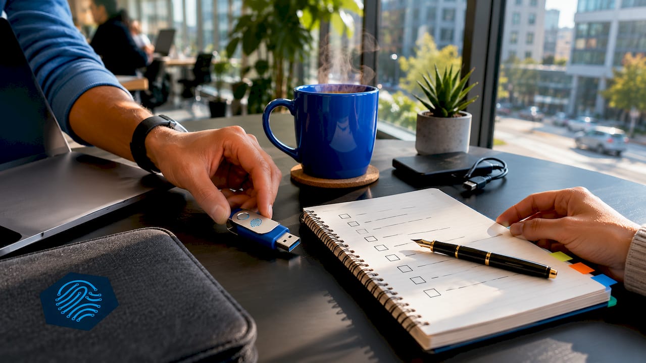 Hands organizing website staging tools on desk