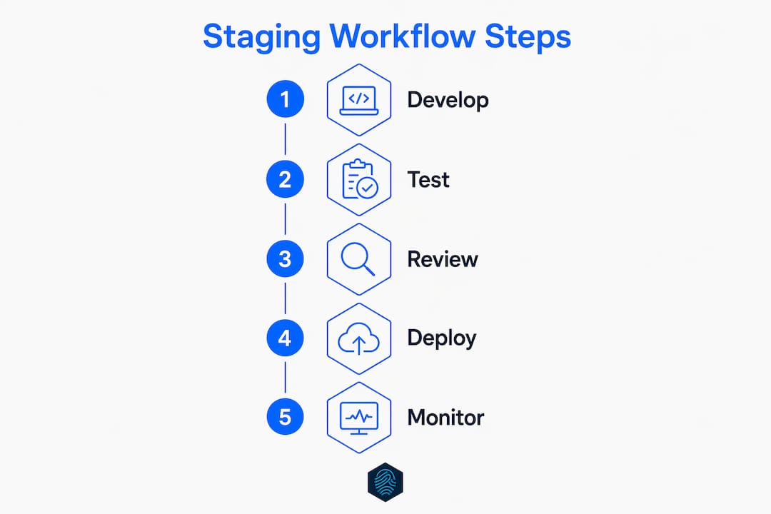 Infographic illustrating step-by-step website staging workflow