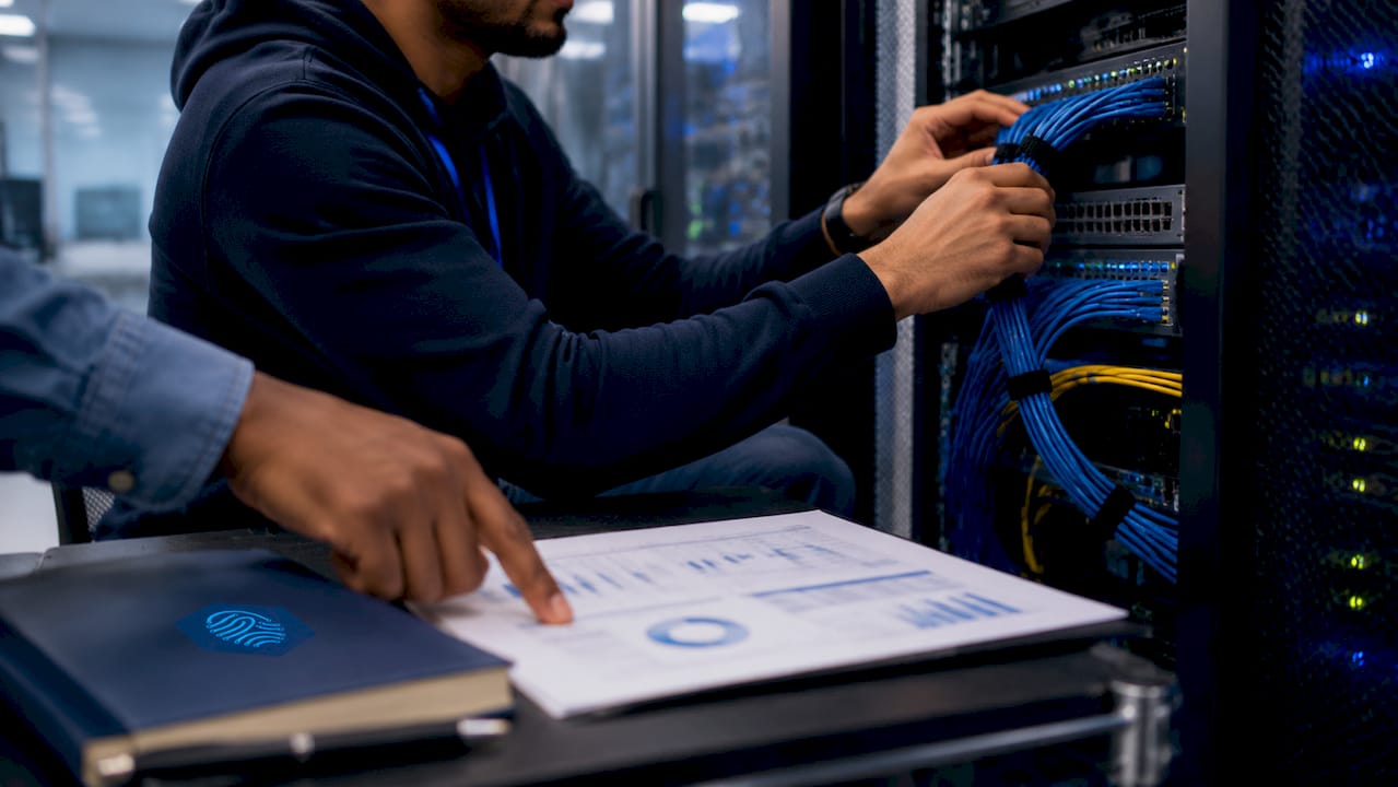 Close-up of hands connecting cables in server rack