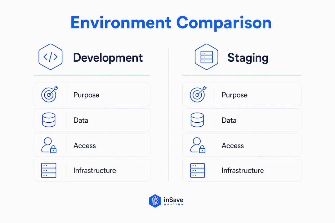 Infographic comparing development and staging environments side by side