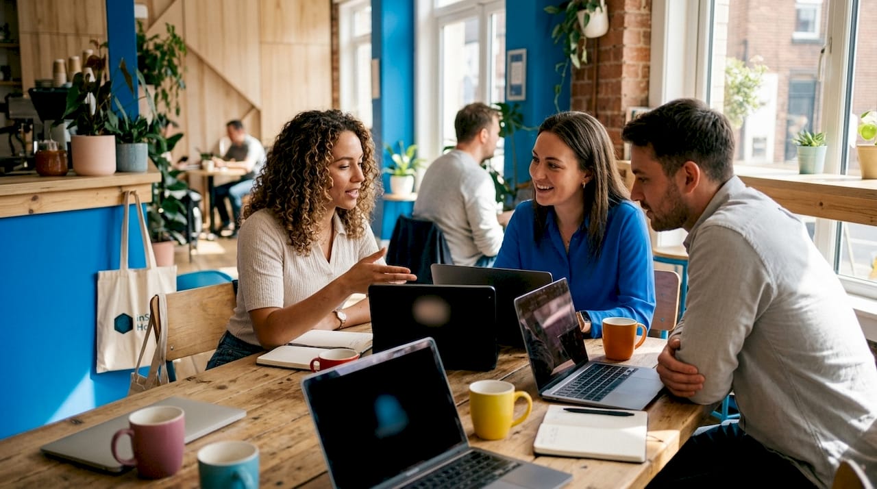 Small team discussing content creation stages