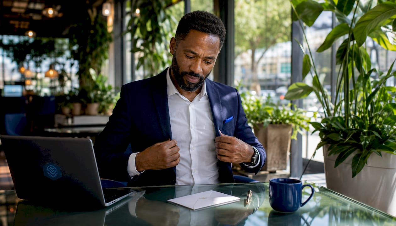 Hands adjusting blazer near professional email envelope