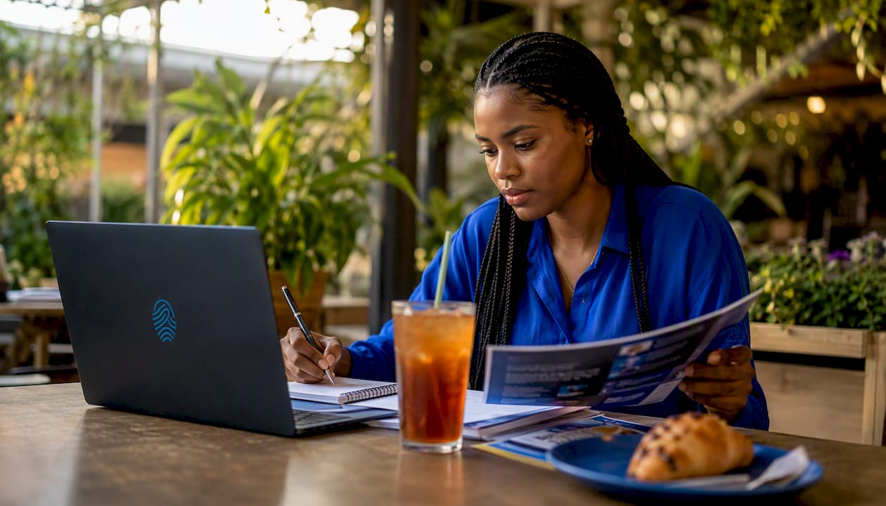 Woman reviewing ecommerce hosting plans at café table