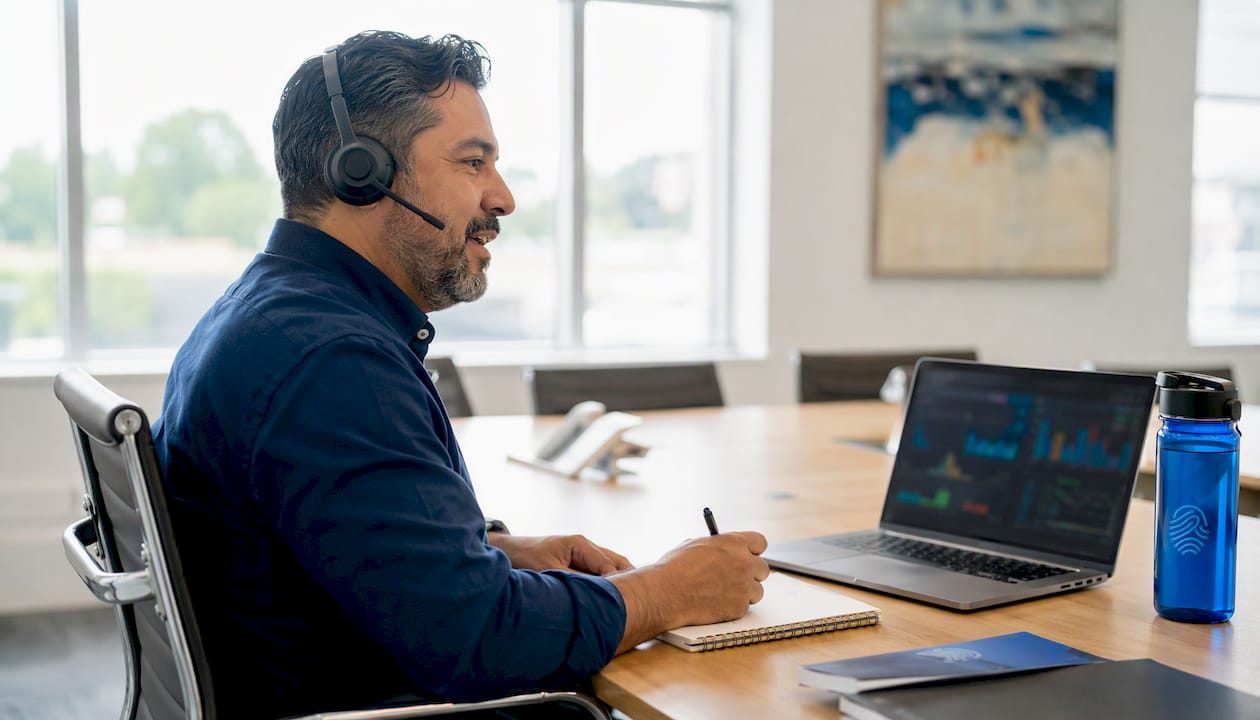 Overhead of man providing ecommerce hosting support at office