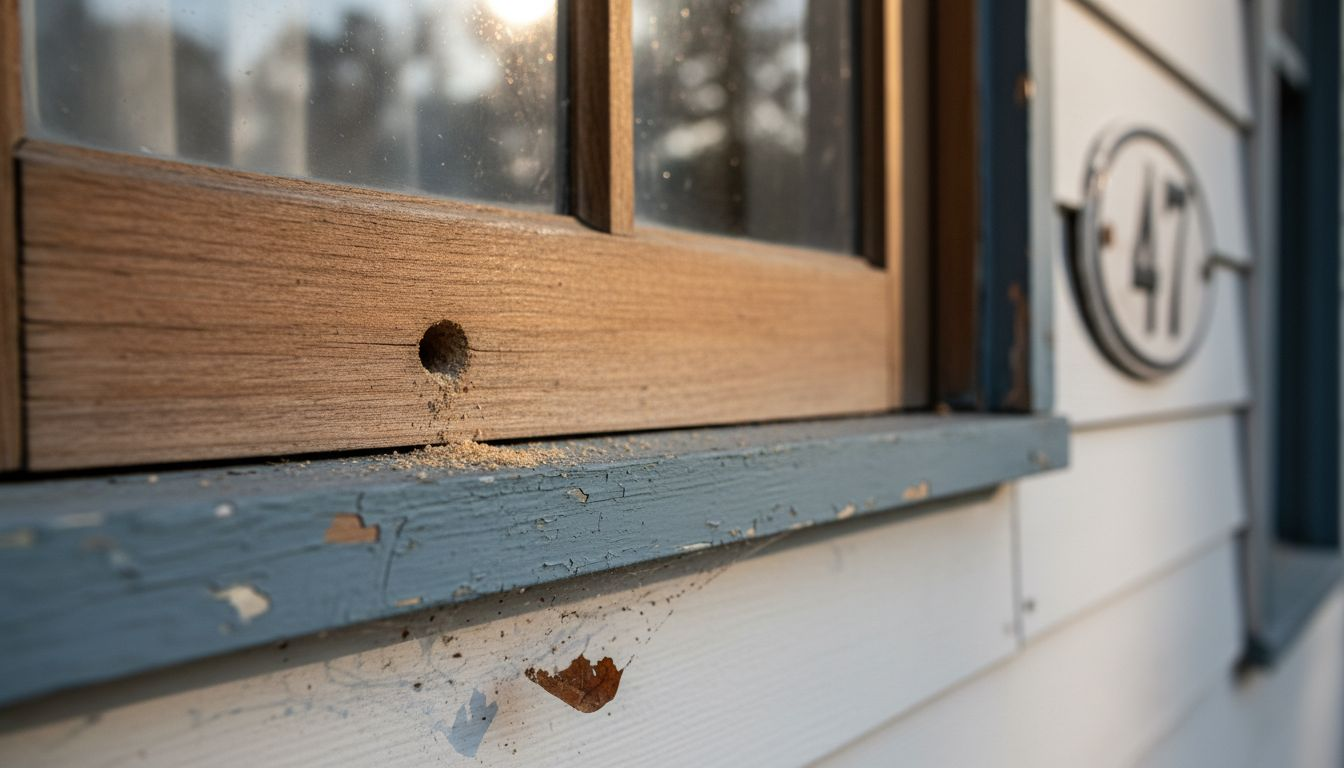 Carpenter bee hole in softwood window frame