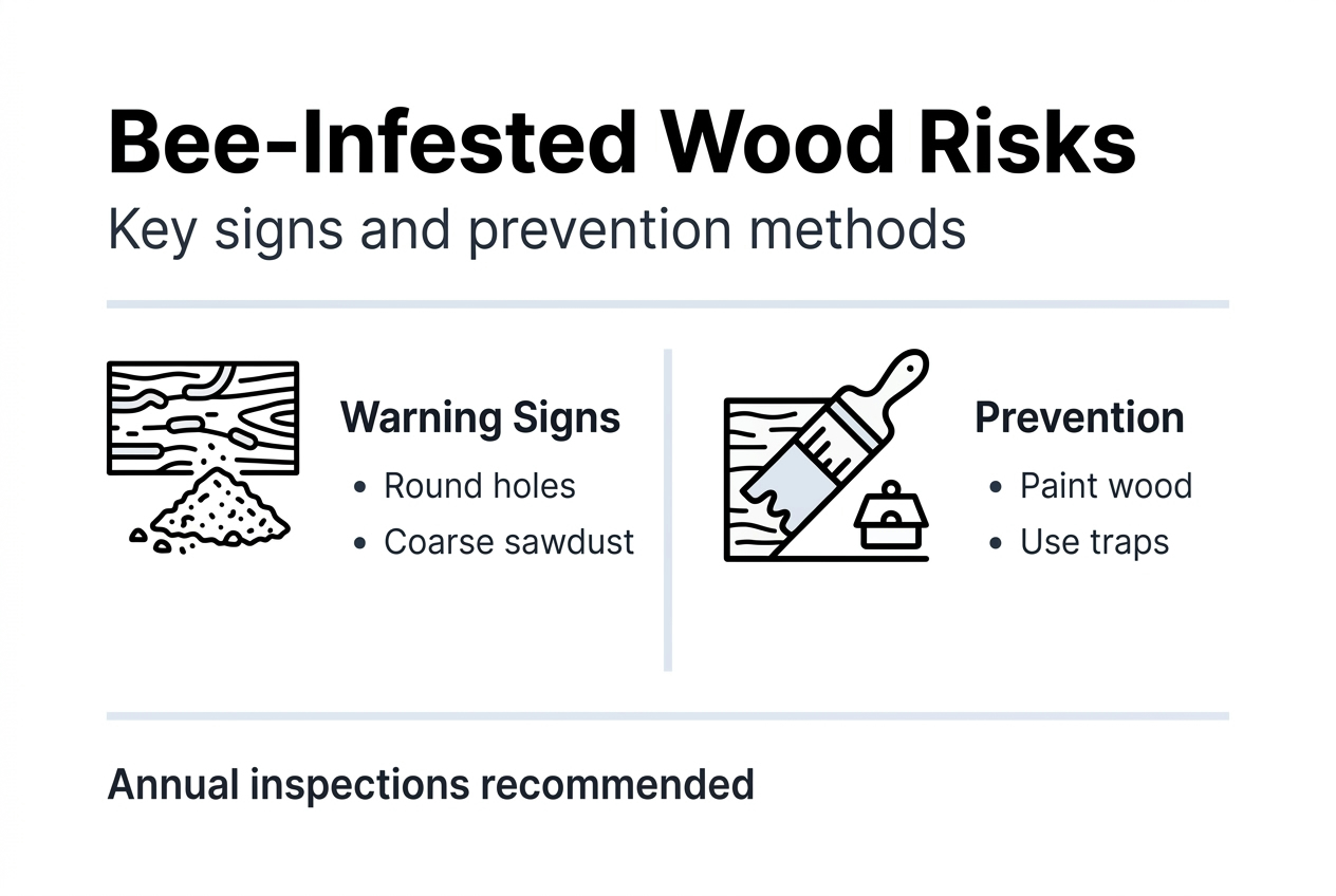 Infographic showing bee-infested wood risks and prevention