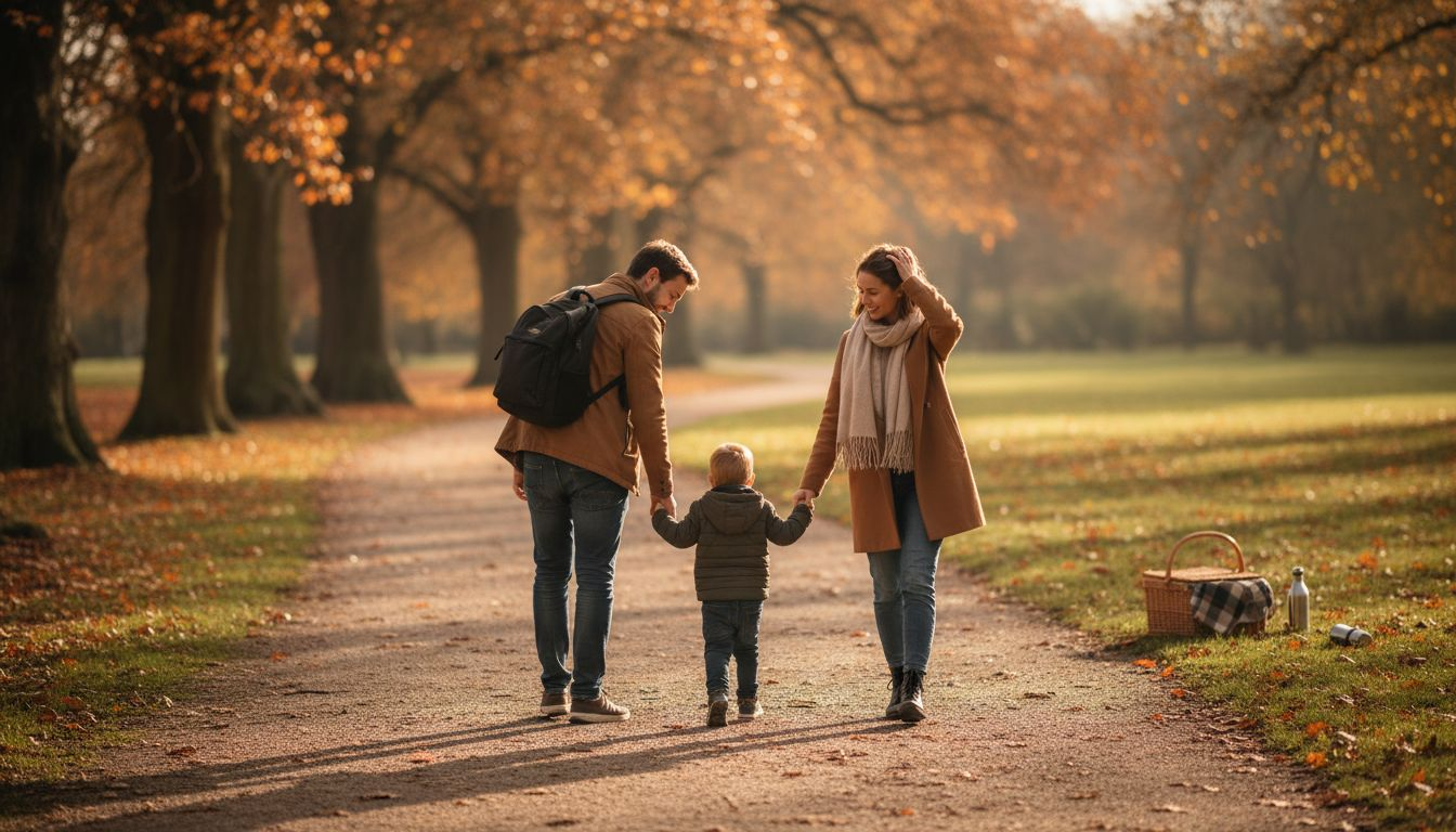 Samen ps wandelt een gezin door het kleurrijke herfstbos en geniet van de vallende bladeren.