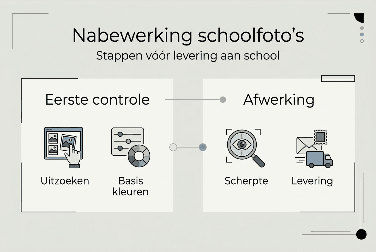 Overzichtelijke infographic: zo verloopt de nabewerking van schoolfoto’s stap voor stap