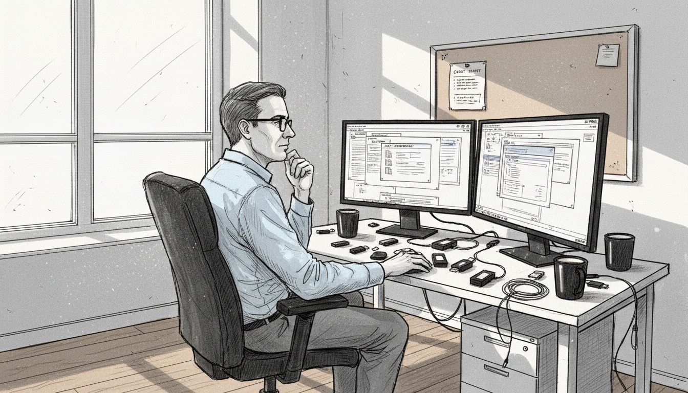 IT specialist reviewing files at desk