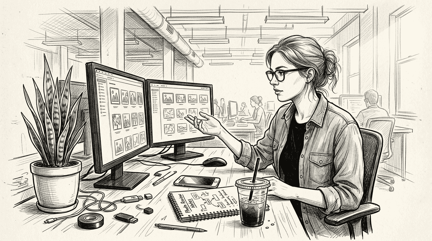 Woman comparing image formats at cluttered tech desk