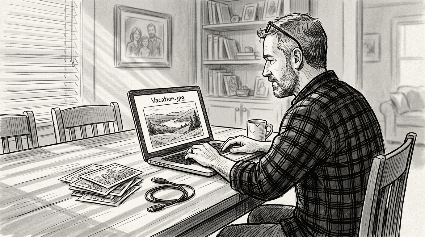 Man editing JPEG photo at home desk