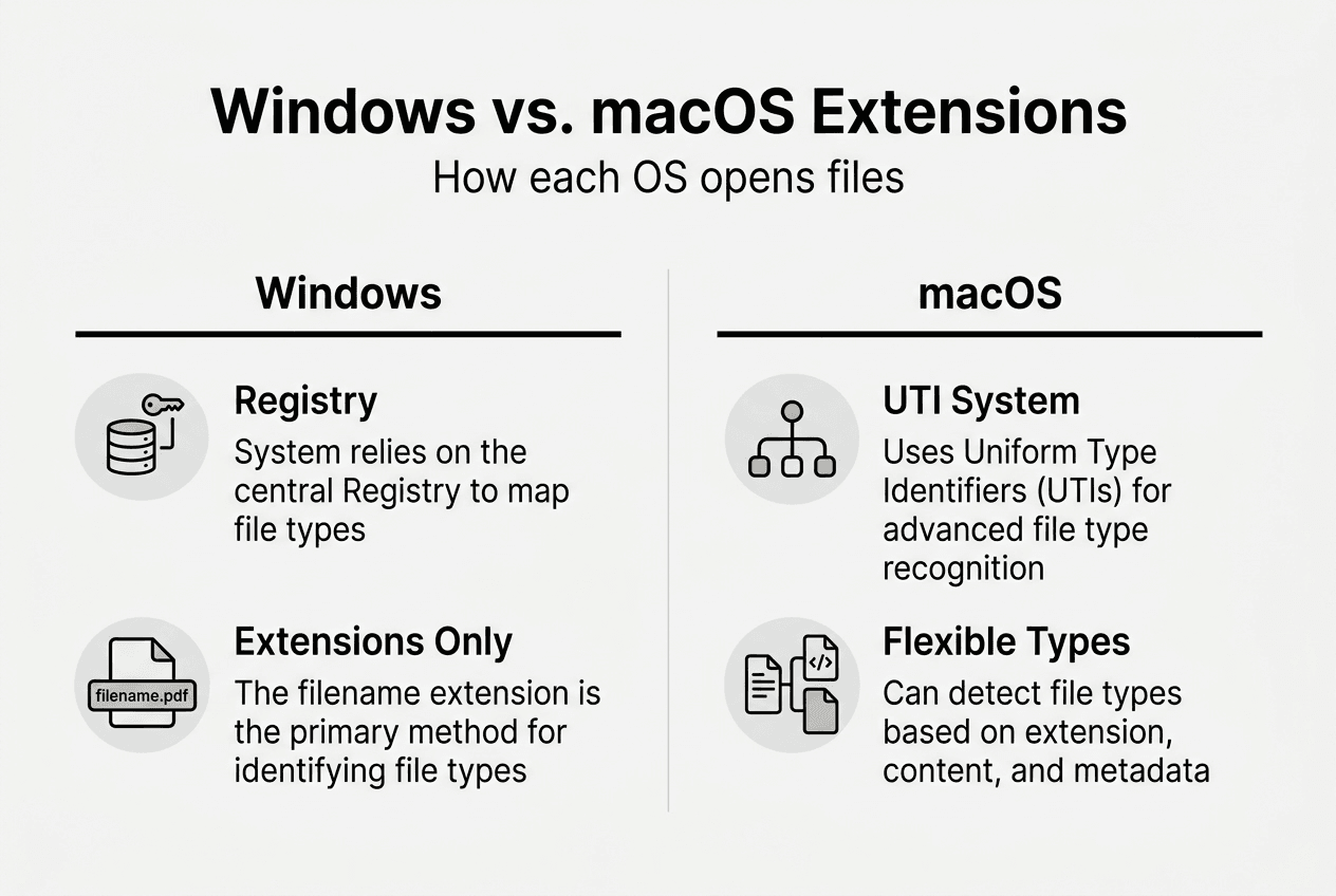 Infographic comparing Windows and macOS file extensions