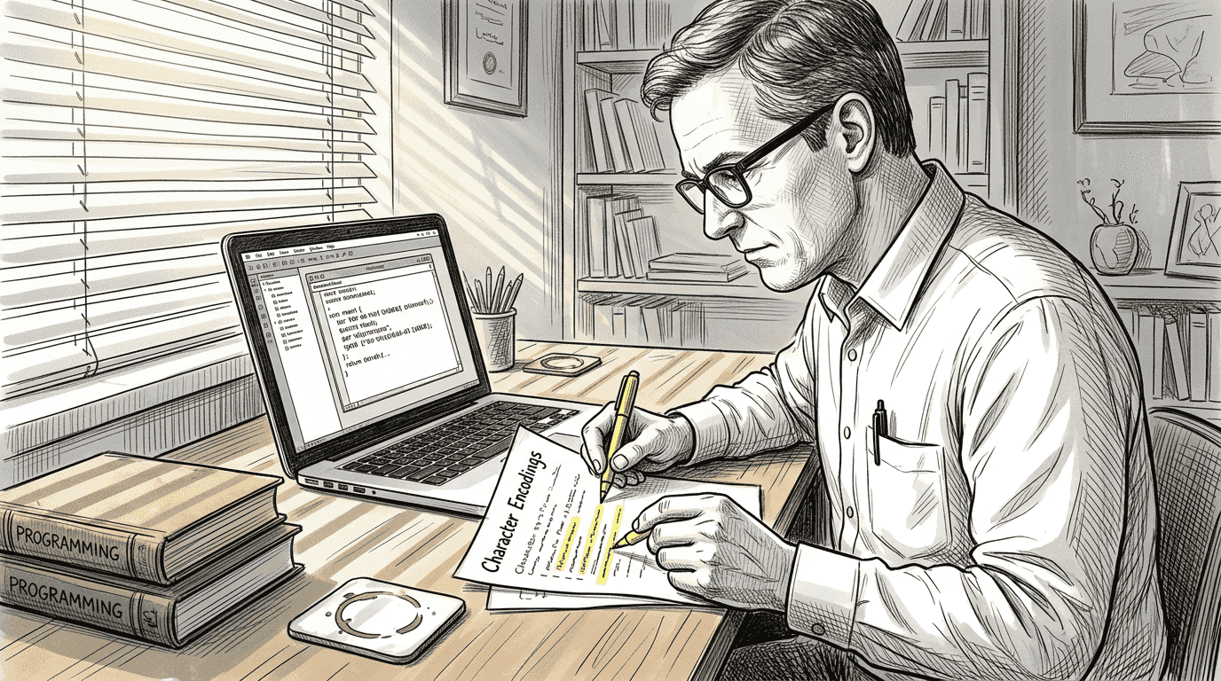 Uomo che rivede appunti sulla codifica dei caratteri