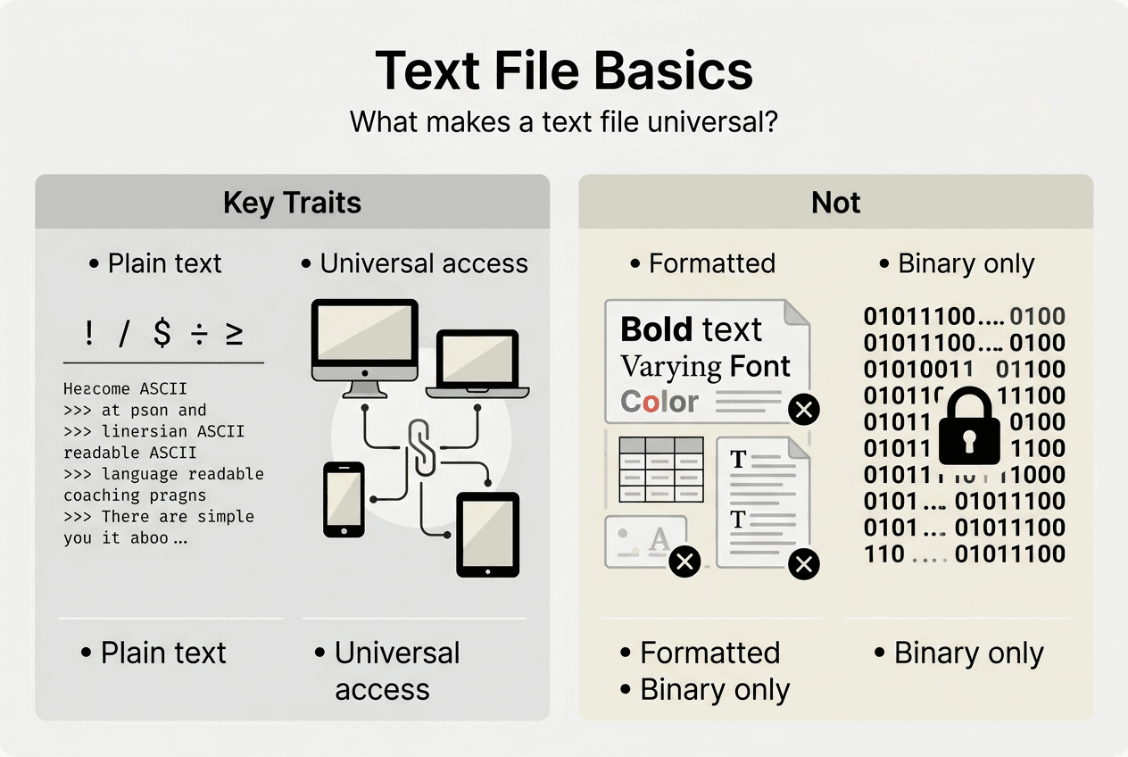 Infografica che spiega le caratteristiche universali dei file di testo