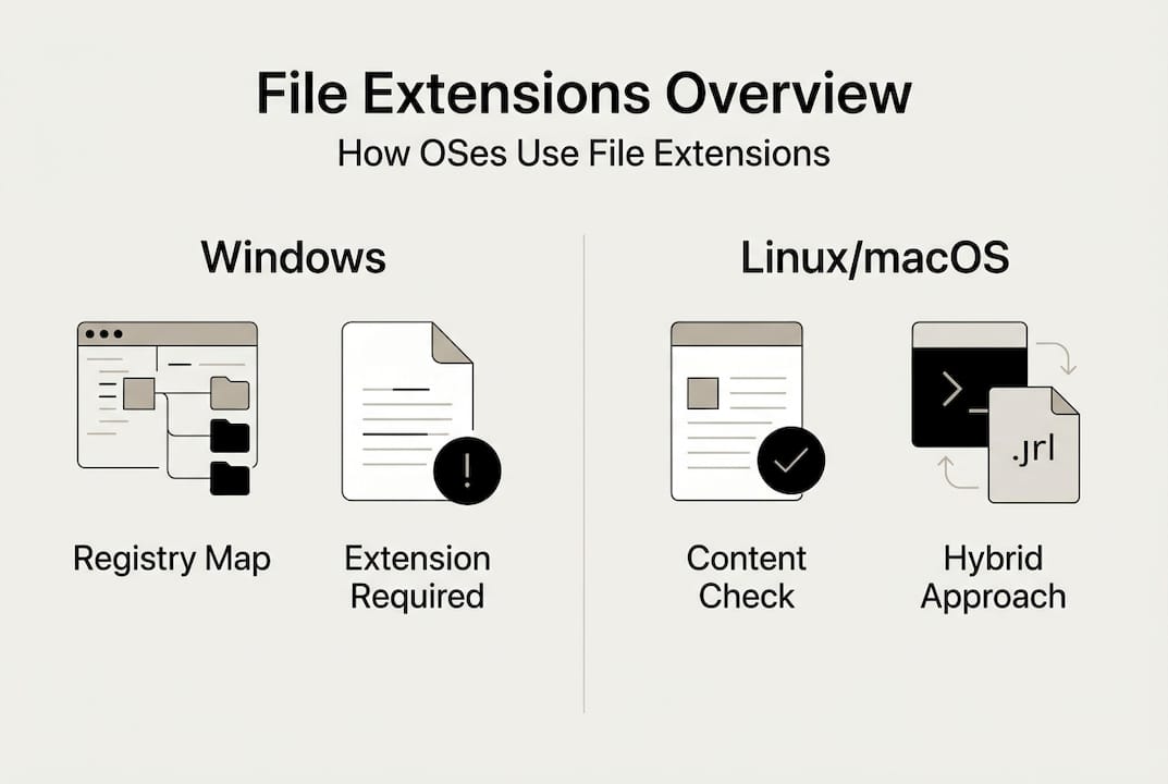 Infografica che confronta la gestione delle estensioni di file per sistema operativo