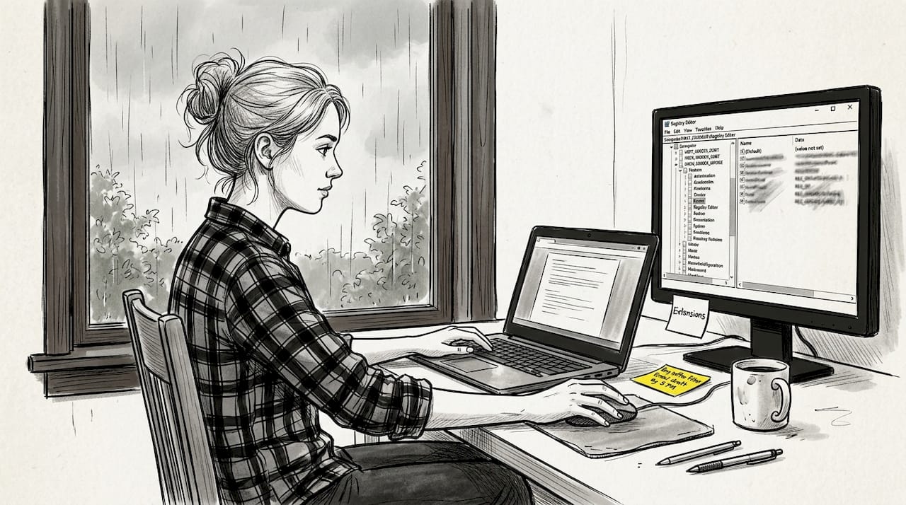 Donna che gestisce le impostazioni delle estensioni di file su un laptop