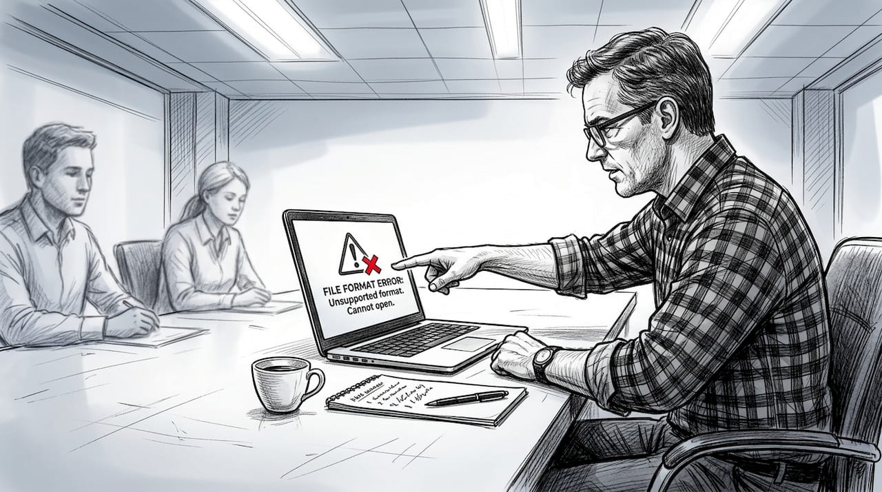 Team discussing file conversion risks