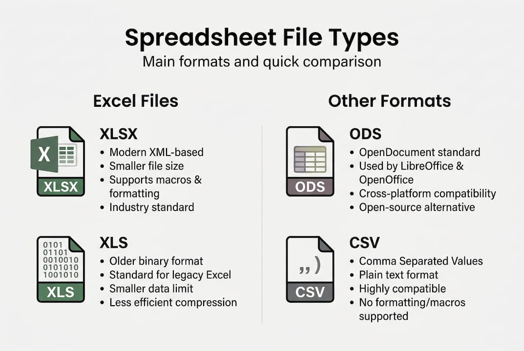 Infografica che mostra una panoramica dei tipi di file di foglio di calcolo