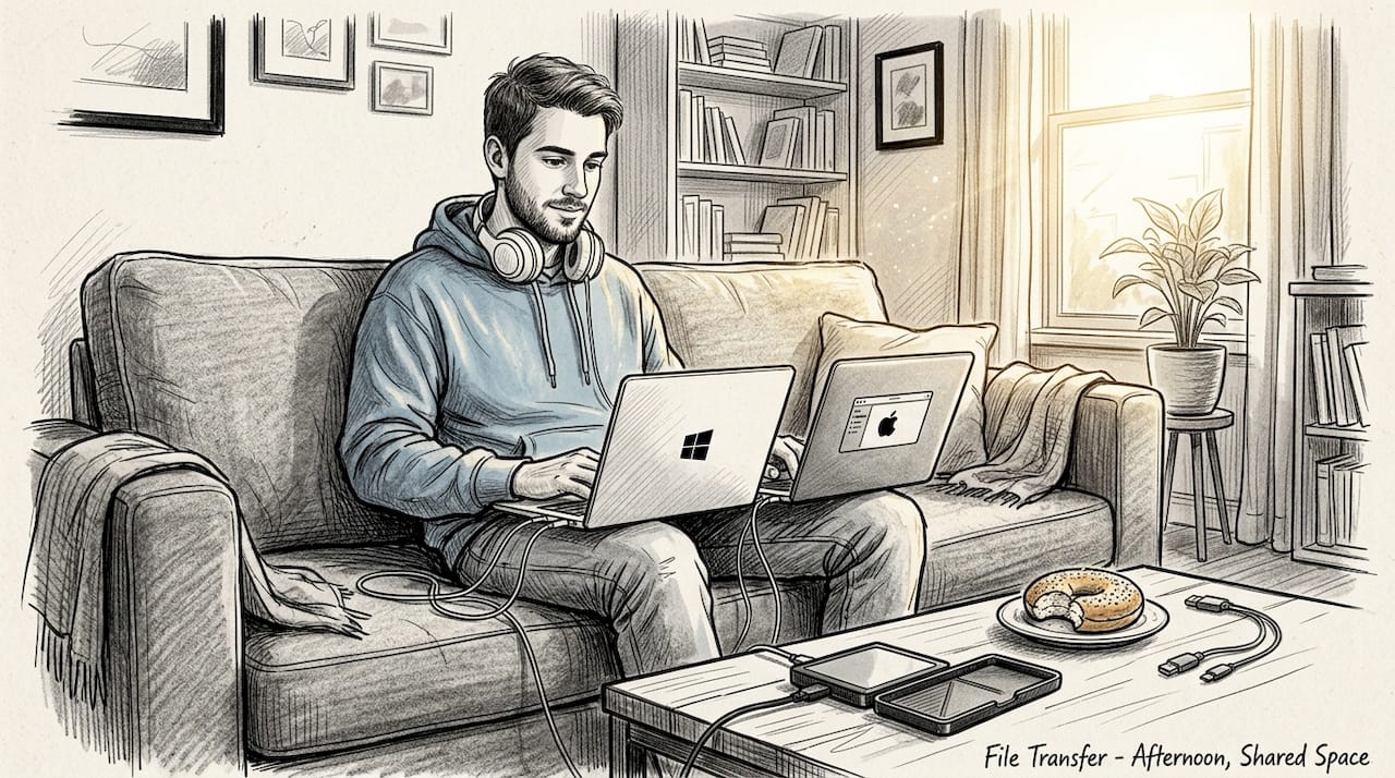 Uomo trasferisce file tra laptop Windows e Mac