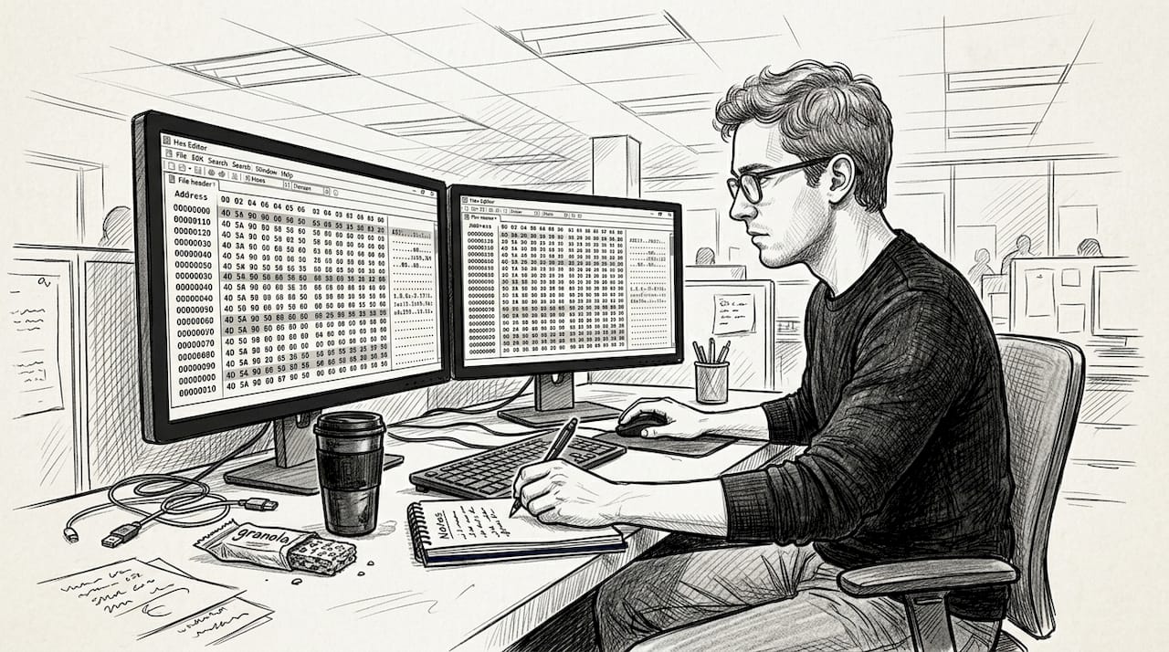 Analista esamina il codice esadecimale del file in ufficio