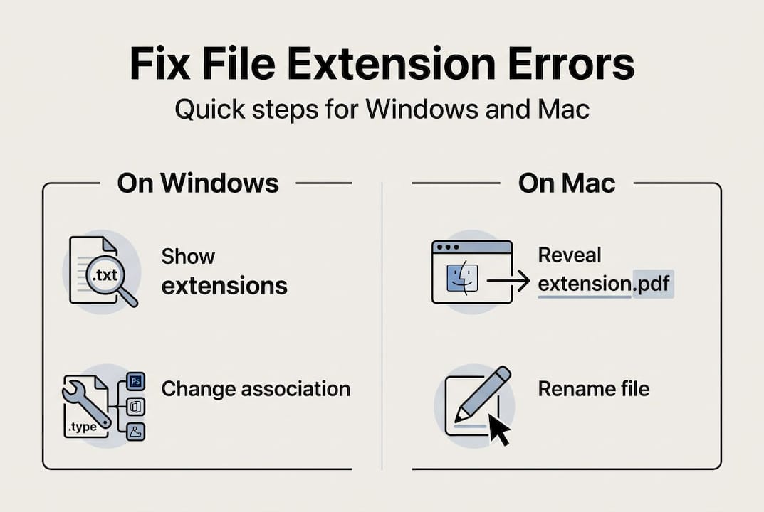 Infografica che delinea le correzioni delle estensioni dei file per Windows e Mac