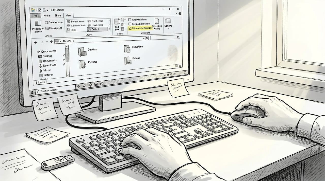 Mani che abilitano le estensioni dei file sul desktop di Windows