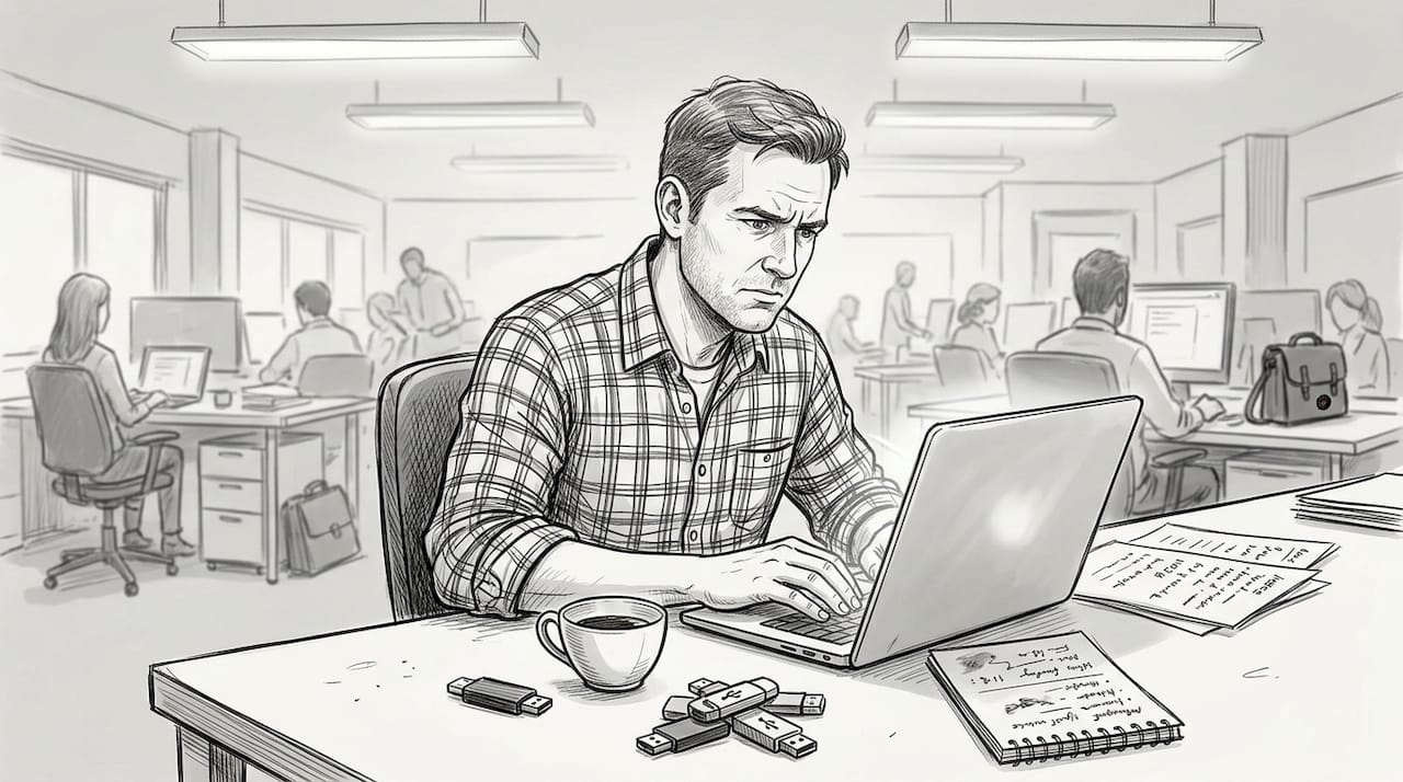 Uomo che si occupa della compatibilità dei file in ufficio